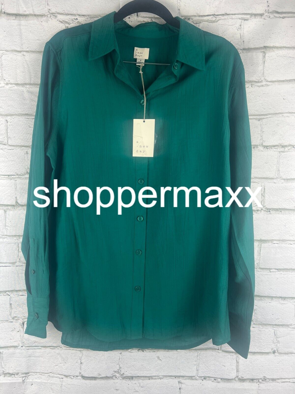 Women's Long Sleeve Button-Down Shirt - A New Day, Dark Green, S
