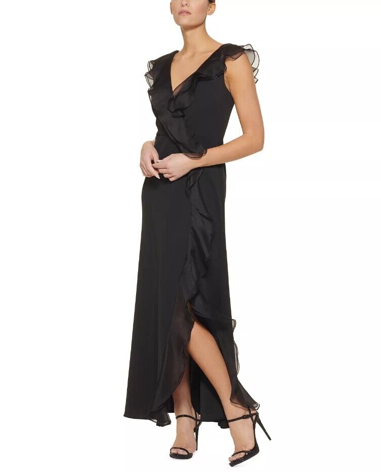 DKNY Double-Ruffled Surplice Gown Black 10