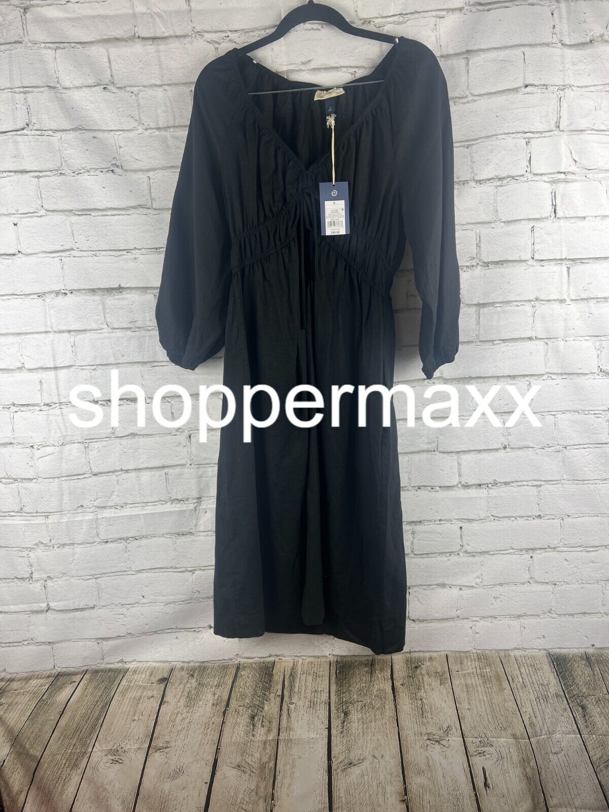 Women's Tie-Front Puff 3/4 Sleeve Midi Dress - Universal Thread, Black, S