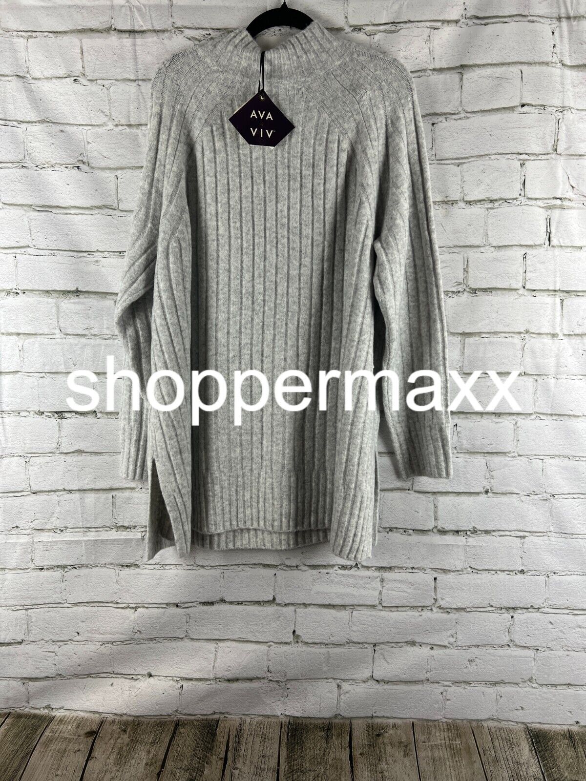 Women's Cozy Mock Neck Tunic Sweater - Ava & Viv, Gray, XXL