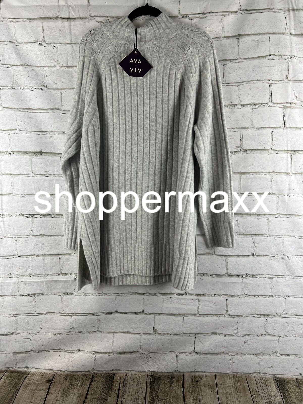 Women's Cozy Mock Neck Tunic Sweater - Ava & Viv, Gray, XXL
