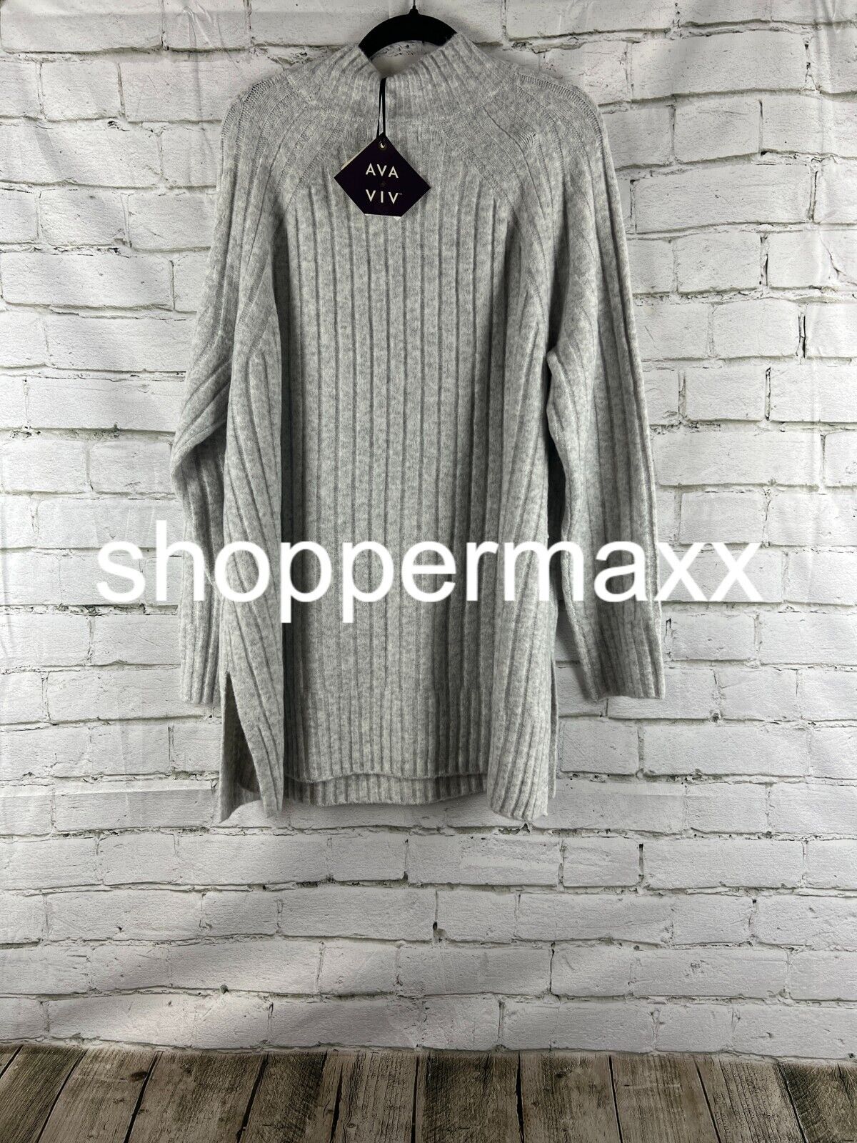 Women's Cozy Mock Neck Tunic Sweater - Ava & Viv, Gray, XXL