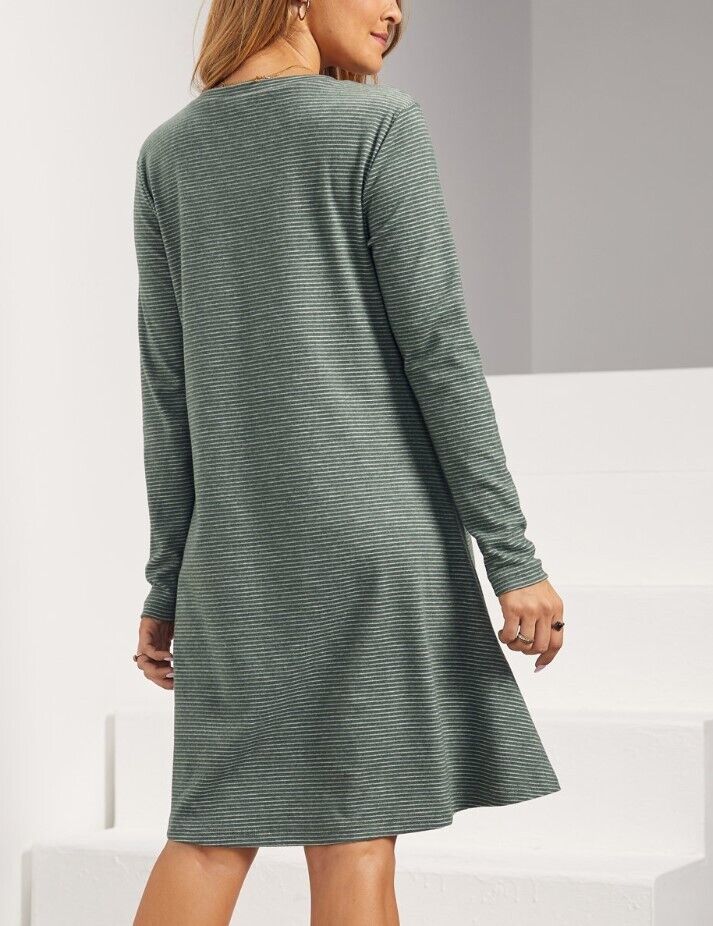 Suzanne Betro Dresses | Green & White Stripe Long-Sleeve Pocket A-Line Dress 4X