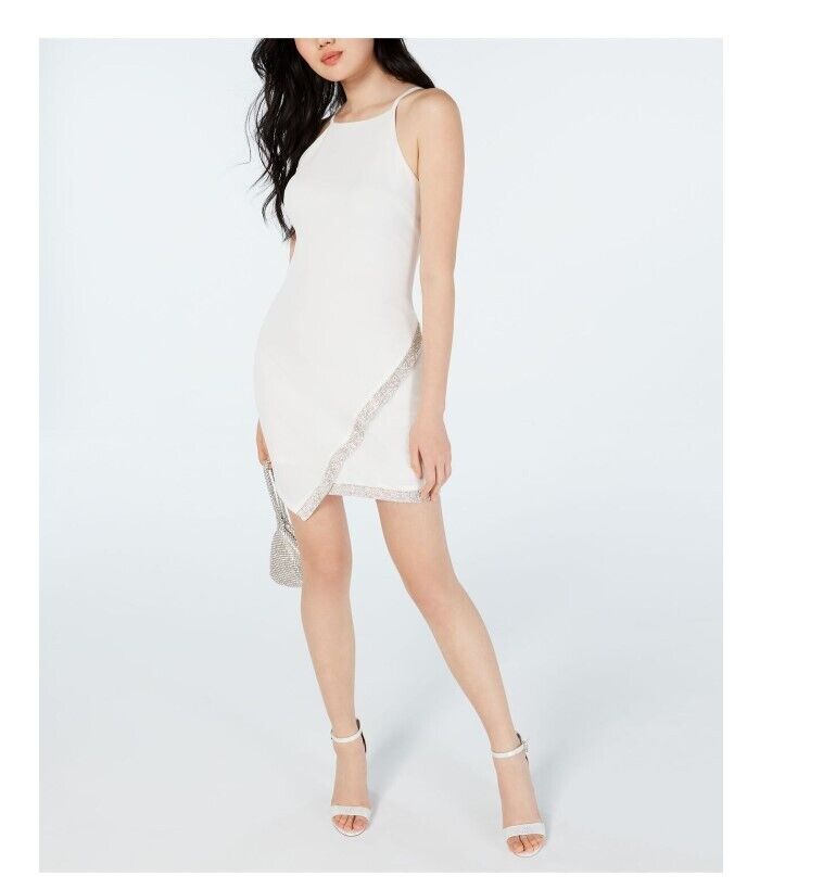 BCX DRESSES Juniors' Off-White Halter Asymmetrical Rhinestone Hem Dress SZ L