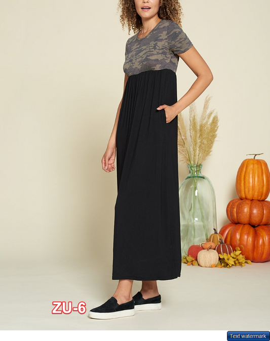 Amaryllis | Muted Camo & Black Color Block Empire-Waist Maxi Dress - Women M