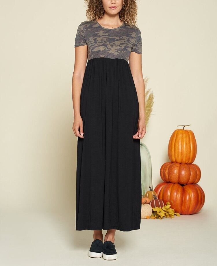 Amaryllis | Muted Camo & Black Color Block Empire-Waist Maxi Dress - Women M