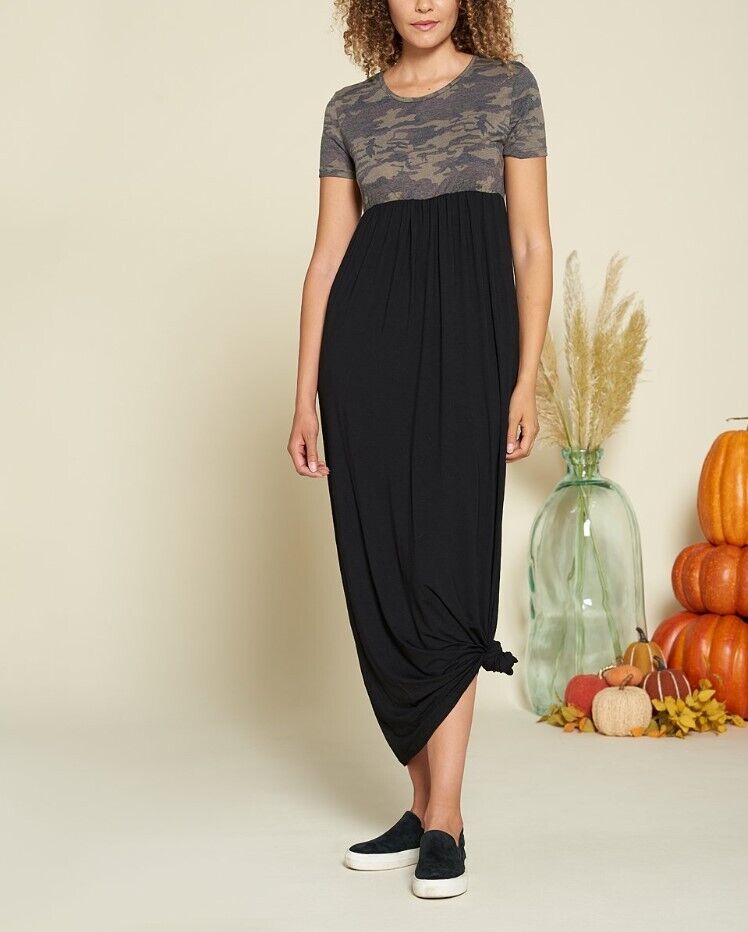 Amaryllis | Muted Camo & Black Color Block Empire-Waist Maxi Dress - Women M