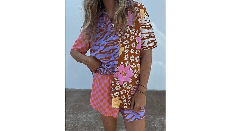Women's Ascot + Hart Short Sleeve Graphic Button-Front Shirt - Multi, XX-Small