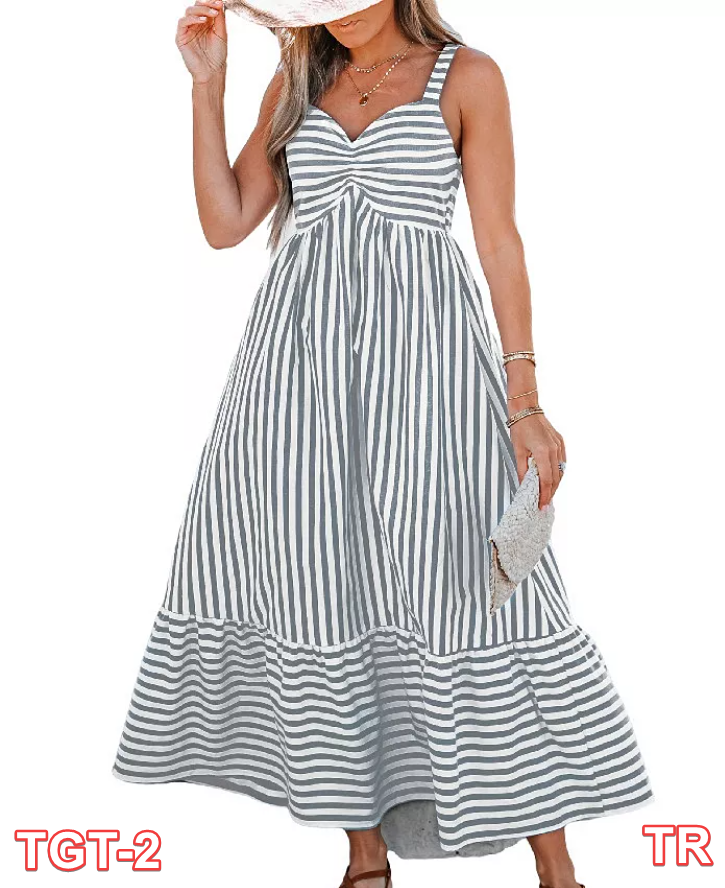Women's Striped Ruched Maxi Dress -Cupshe-M-Gray