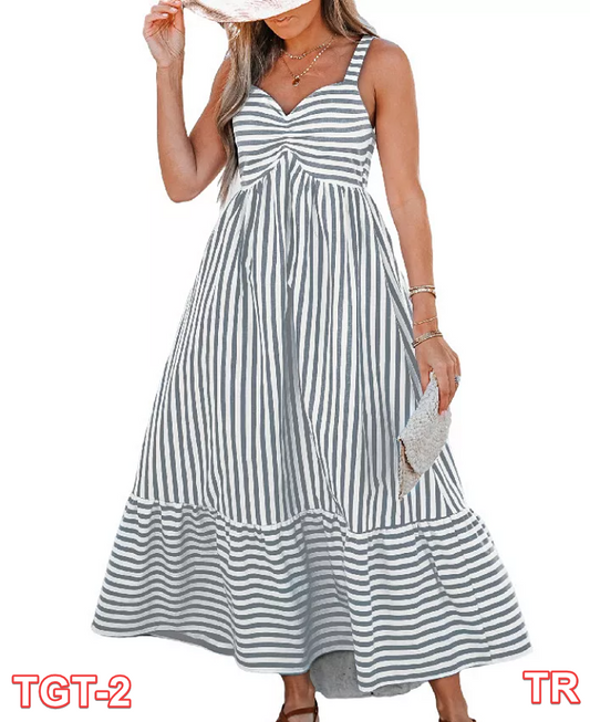 Women's Striped Ruched Maxi Dress -Cupshe-M-Gray