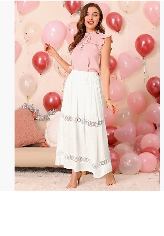 Allegra K Womens Long Skirts Elastic Waist Swing A-Line Lace Insert Maxi Skirt S