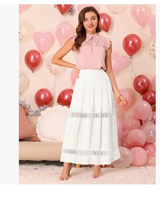 Allegra K Womens Long Skirts Elastic Waist Swing A-Line Lace Insert Maxi Skirt S