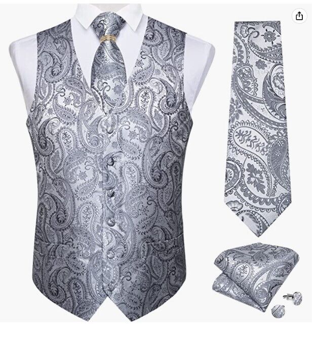 DiBanGu Mens Suit Vest Set Tuxedo Waistcoat Tie Pocket Square Cufflink Tie Ring