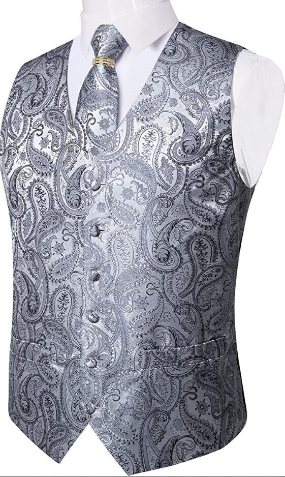 DiBanGu Mens Suit Vest Set Tuxedo Waistcoat Tie Pocket Square Cufflink Tie Ring