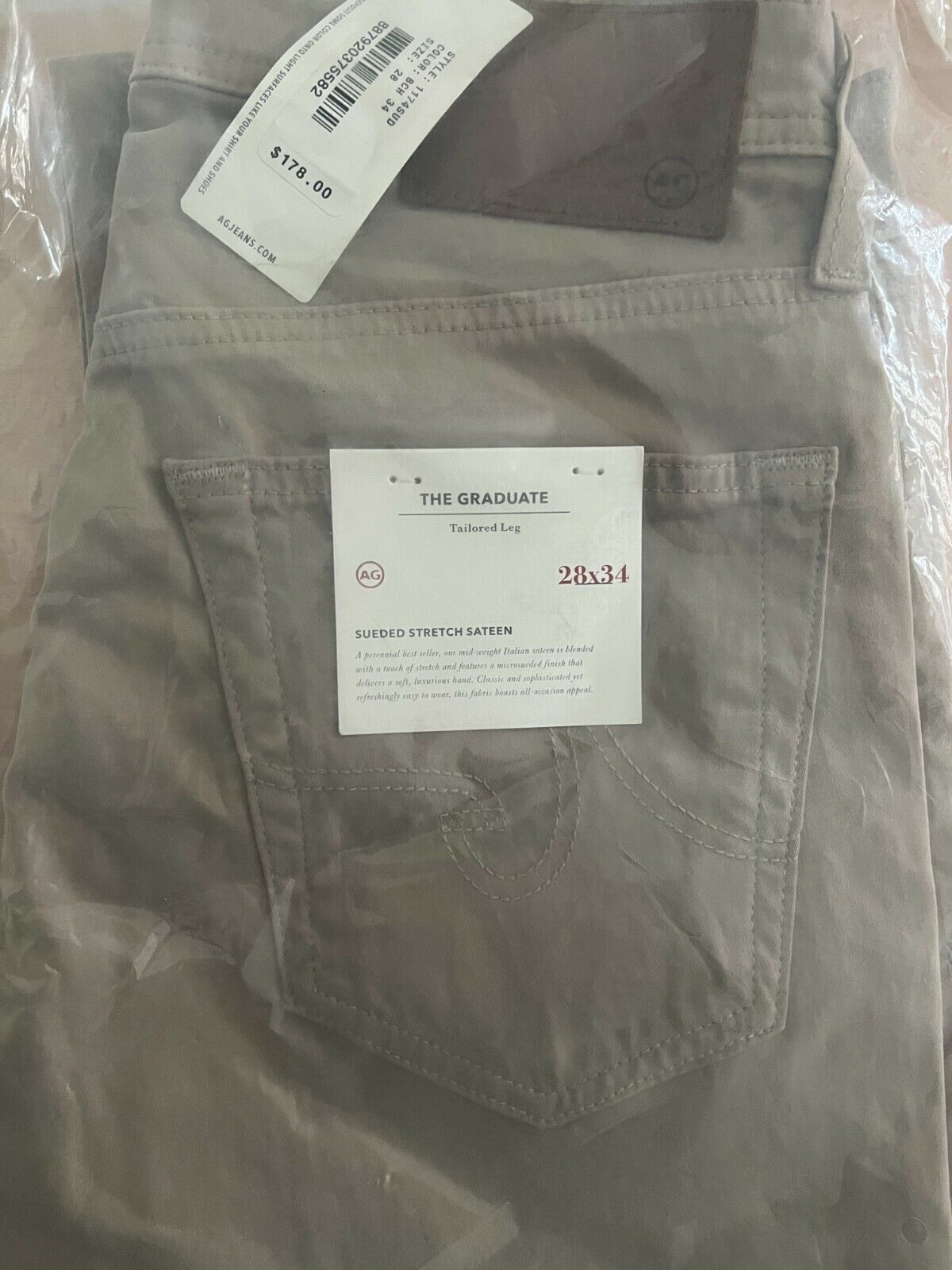 AG Adriano Goldschmied-Men's Graduate Slim Straight Jean Birch Sz 28Wx34L $178