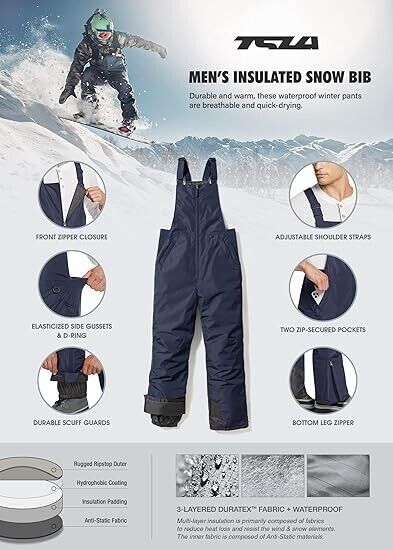 TSLA Mens Winter Snow Bibs Waterproof Windproof Insulated Snowboard Overalls XXL