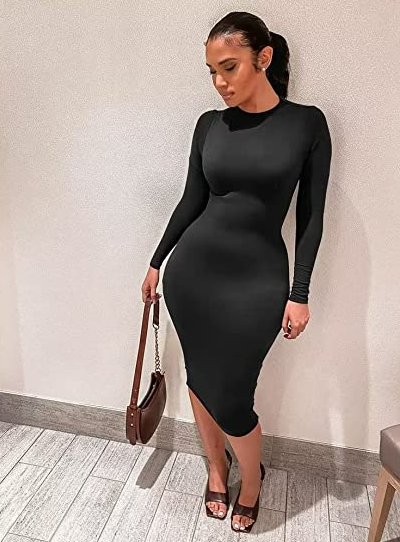 XXTAXN Women's Sexy Bodycon Long Sleeve Round Neck Work Office Midi Pencil Dress