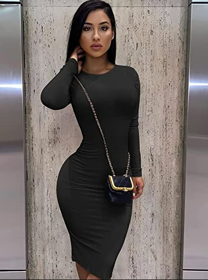 XXTAXN Women's Sexy Bodycon Long Sleeve Round Neck Work Office Midi Pencil Dress