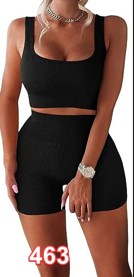 TWFRHC Women's Workout Sets Ribbed Tank 2 Pc High Waist Gym Yoga Short Sets S