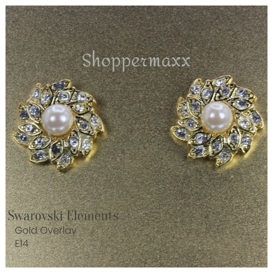 Swarovski Elements Gold Overlay Pearl Flower Stud Top Earrings E14