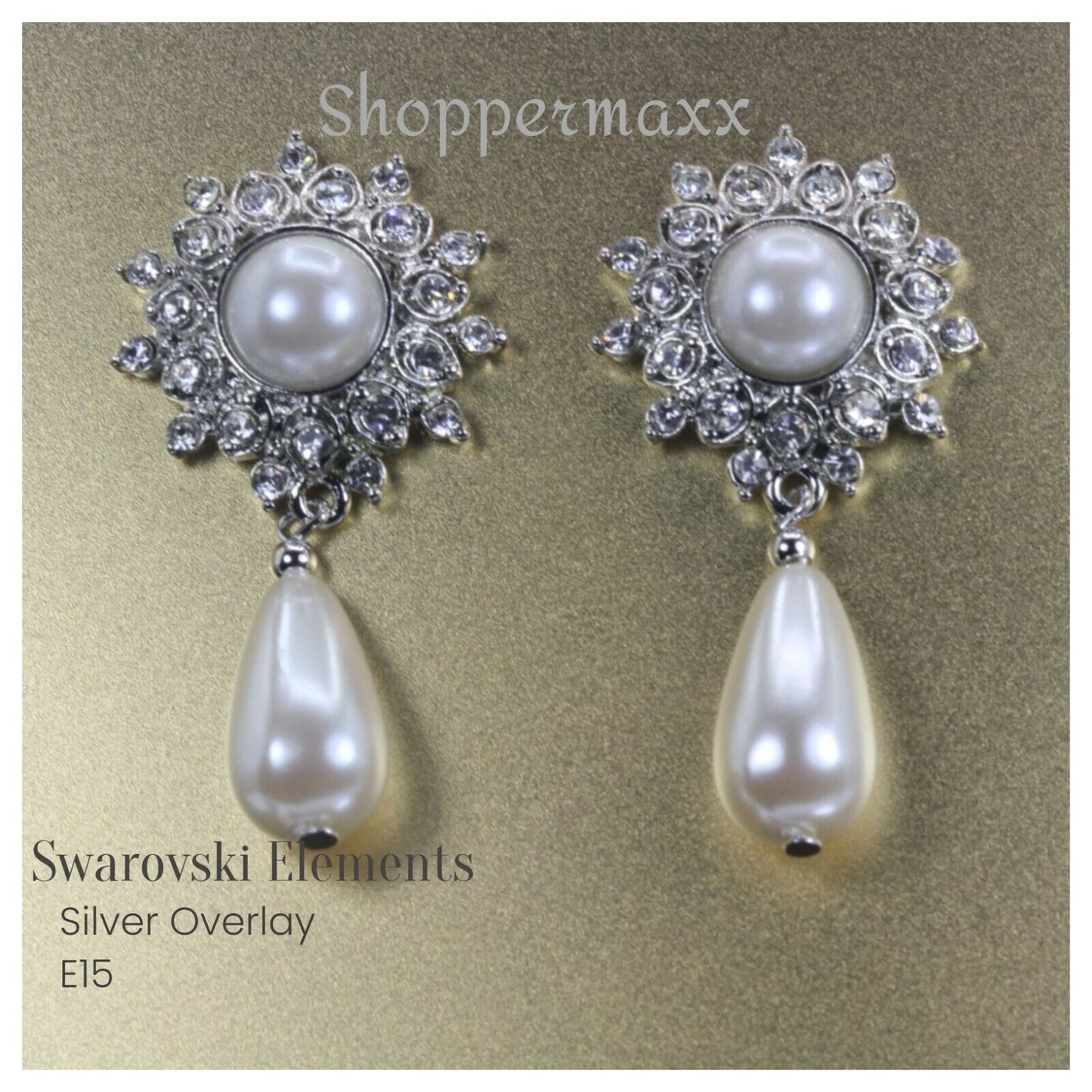 Swarovski Elements Silver Overlay Ornate Pearl Flower Stud Top Dangle Earrings