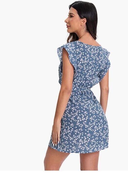 Verdusa Women's Floral Print Butterfly Sleeve Fit and Flare Mini Dress Belted XS