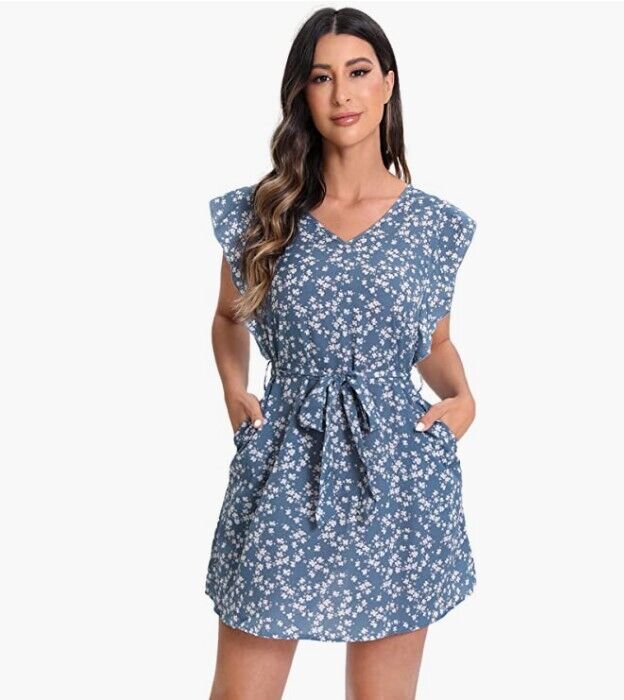 Verdusa Women's Floral Print Butterfly Sleeve Fit and Flare Mini Dress Belted XS