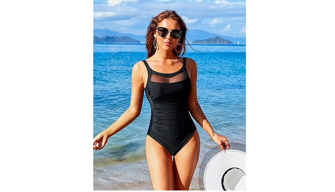 Tempt Me Women One Piece Mesh Swimsuits Vintage Tummy Control Swimwear Black M