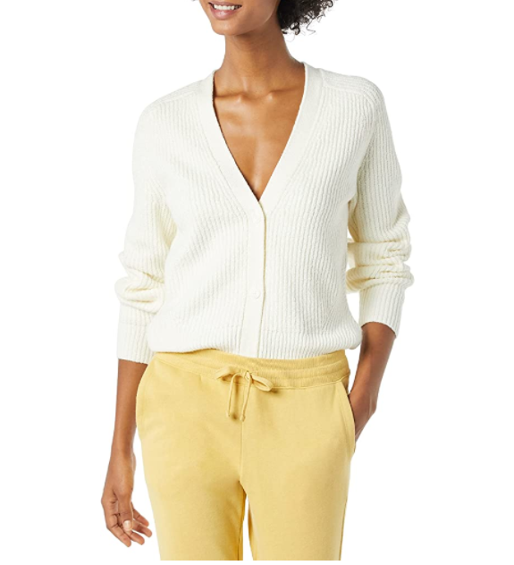 Amazon Essentials Women's Soft Touch Ribbed Blouson Cardigan Ivory Medium