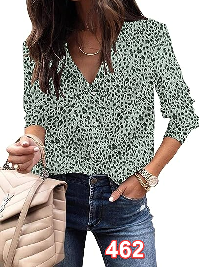 ECOWISH Womens Casual V Neck Leopard Tunic Long Sleeve Button Down Shirts Tops M