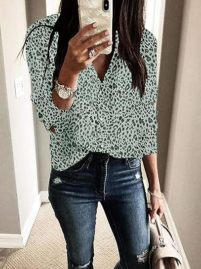 ECOWISH Womens Casual V Neck Leopard Tunic Long Sleeve Button Down Shirts Tops M