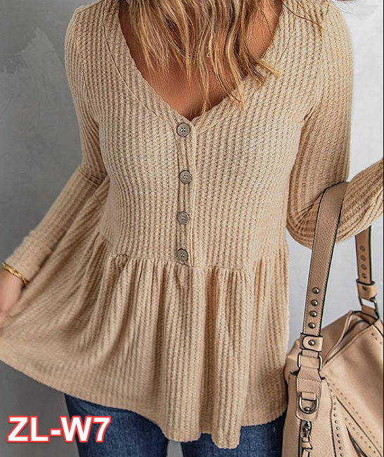 Zesica | Khaki Waffle-Knit Button-Front V-Neck Top for Women S