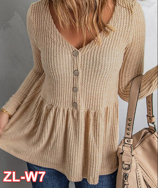 Zesica | Khaki Waffle-Knit Button-Front V-Neck Top for Women S