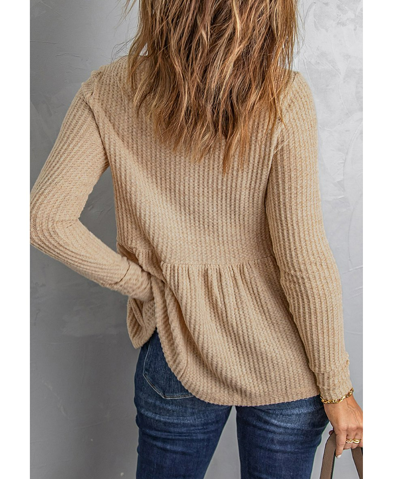 Zesica | Khaki Waffle-Knit Button-Front V-Neck Top for Women S
