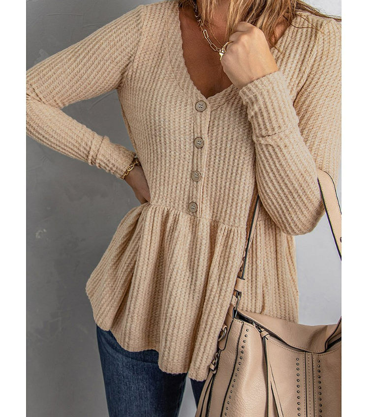 Zesica | Khaki Waffle-Knit Button-Front V-Neck Top for Women S