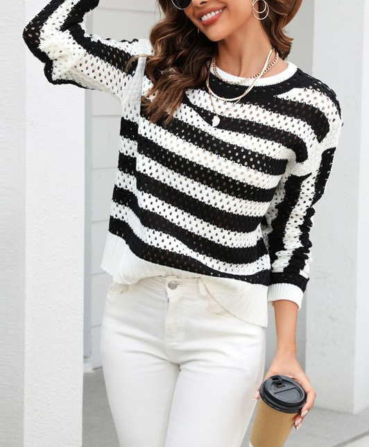 C.CLINE | Black & White Stripe Open-Knit Crewneck Sweater for Women M