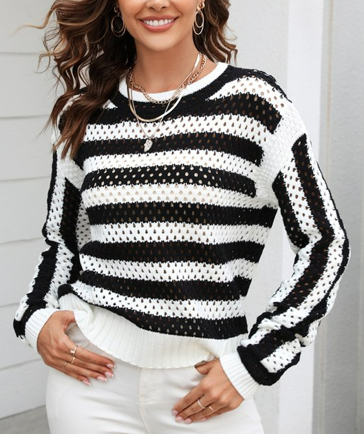 C.CLINE | Black & White Stripe Open-Knit Crewneck Sweater for Women M