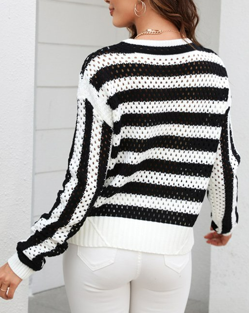 C.CLINE | Black & White Stripe Open-Knit Crewneck Sweater for Women M