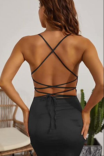 Velius Women's Sexy Spaghetti Strap Backless Lace up Bodycon Party Dress Black L