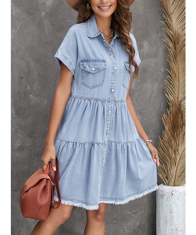 Zesica | Sky Blue Denim Button-Front Frayed Pocket A-Line Dress - Women Small