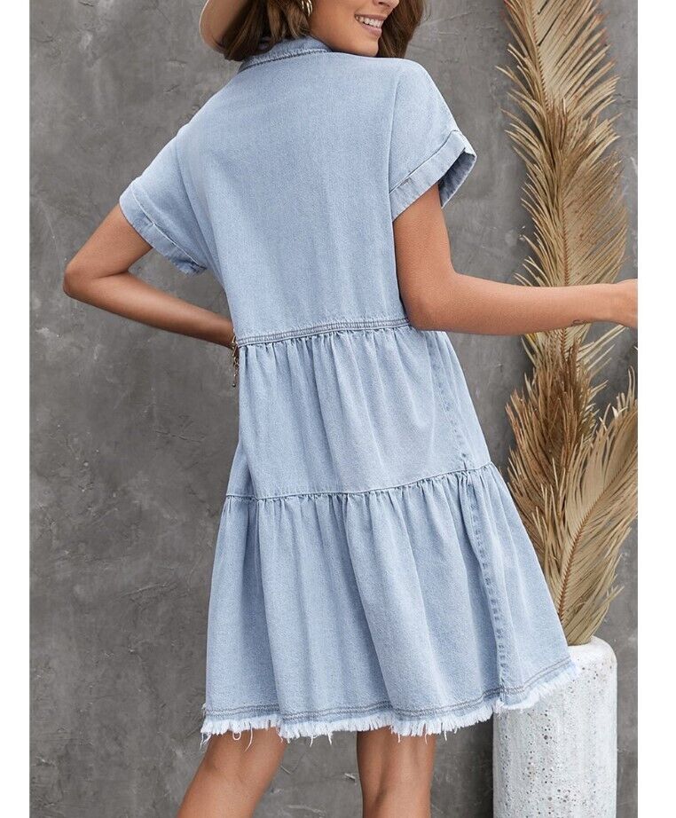 Zesica | Sky Blue Denim Button-Front Frayed Pocket A-Line Dress - Women Small