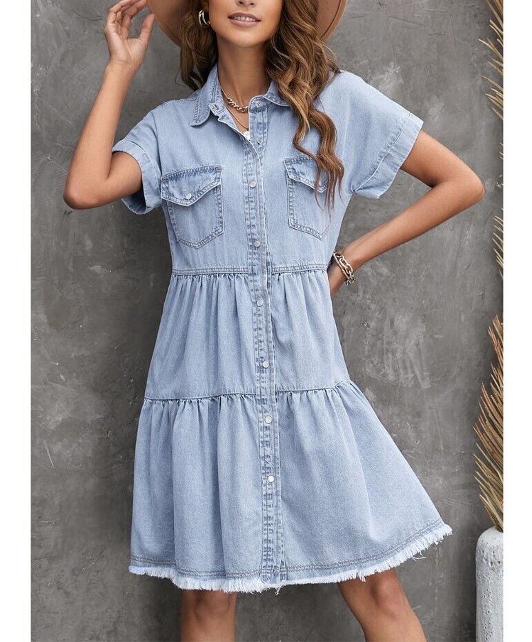 Zesica | Sky Blue Denim Button-Front Frayed Pocket A-Line Dress - Women Small