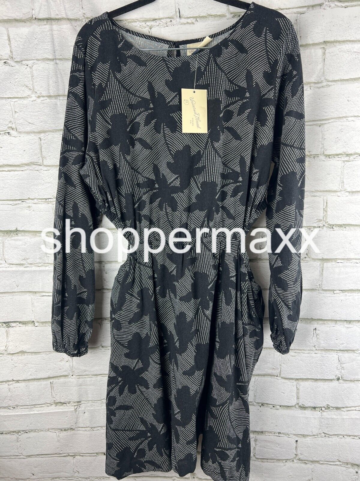 Women's Balloon Long Sleeve Mini A-Line Dress-Universal Thread, Black Floral, XL