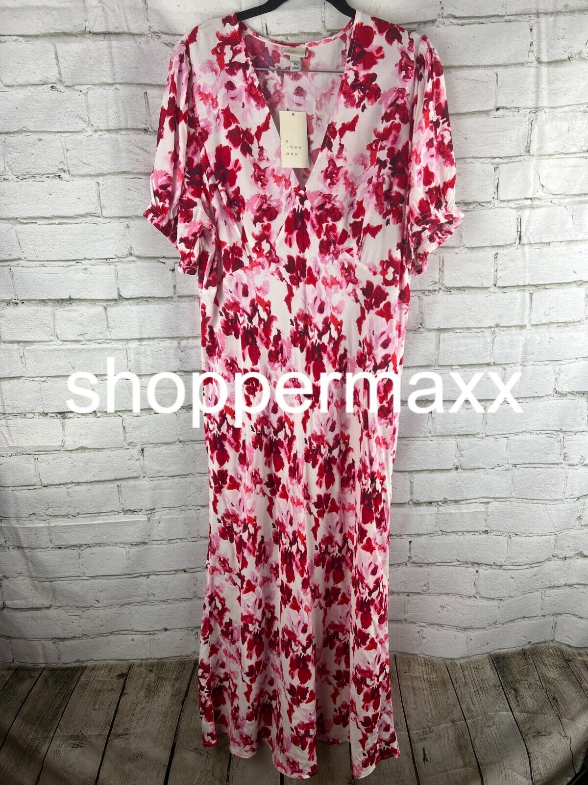 Women's Crepe Puff Short Sleeve Midi Dress - A New Day, Red Floral. X-Large