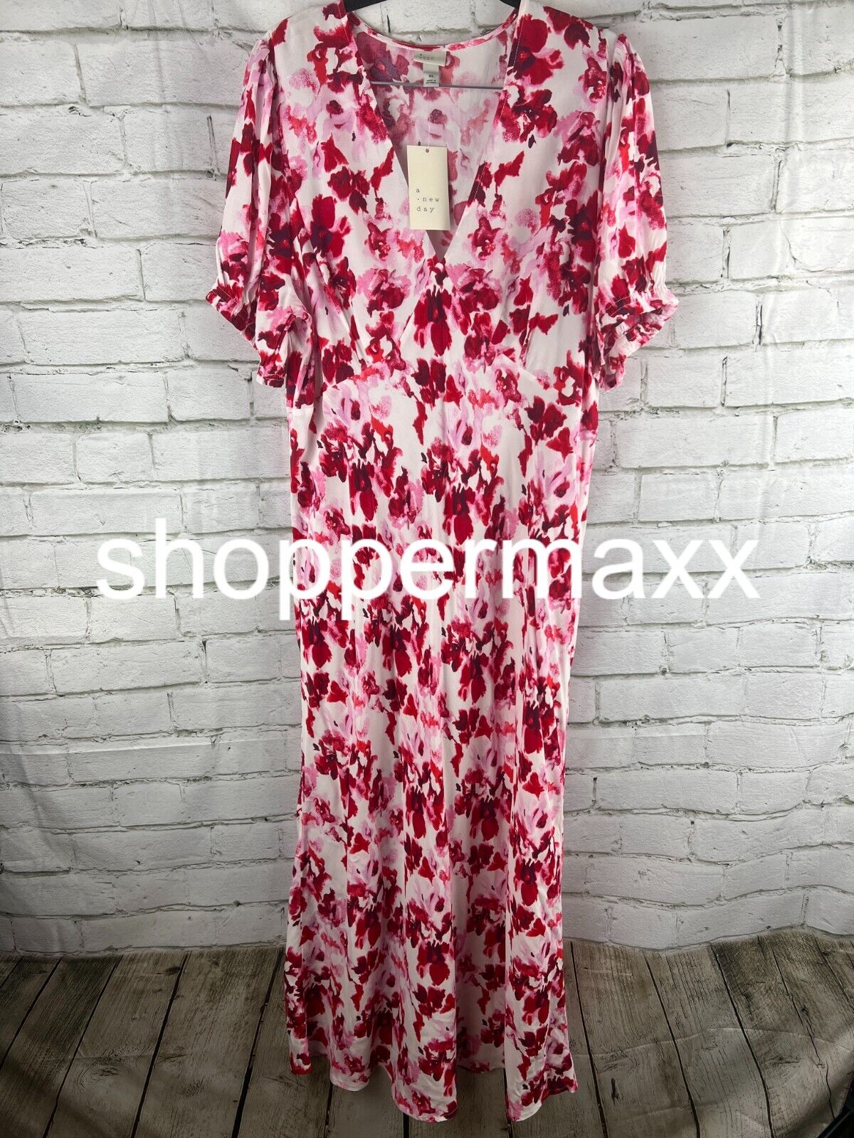Women's Crepe Puff Short Sleeve Midi Dress - A New Day, Red Floral. X-Large