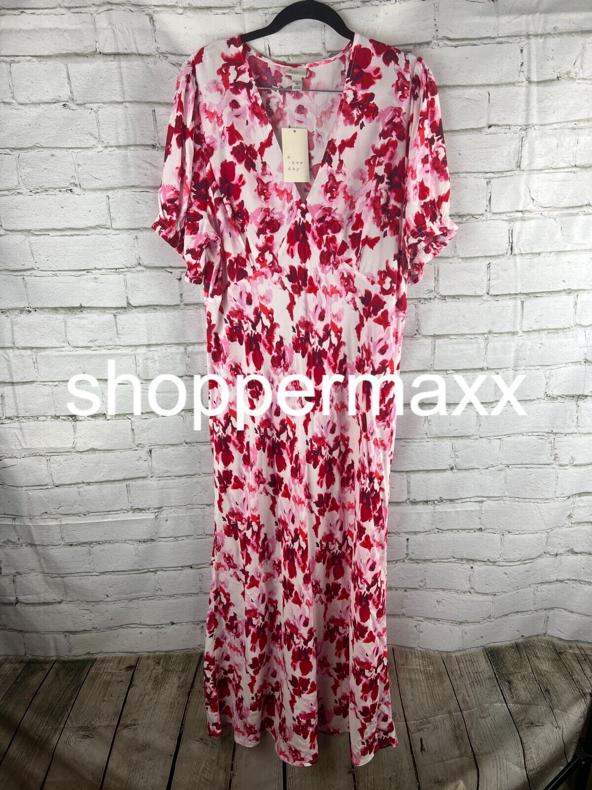 Women's Crepe Puff Short Sleeve Midi Dress - A New Day, Red Floral. X-Large