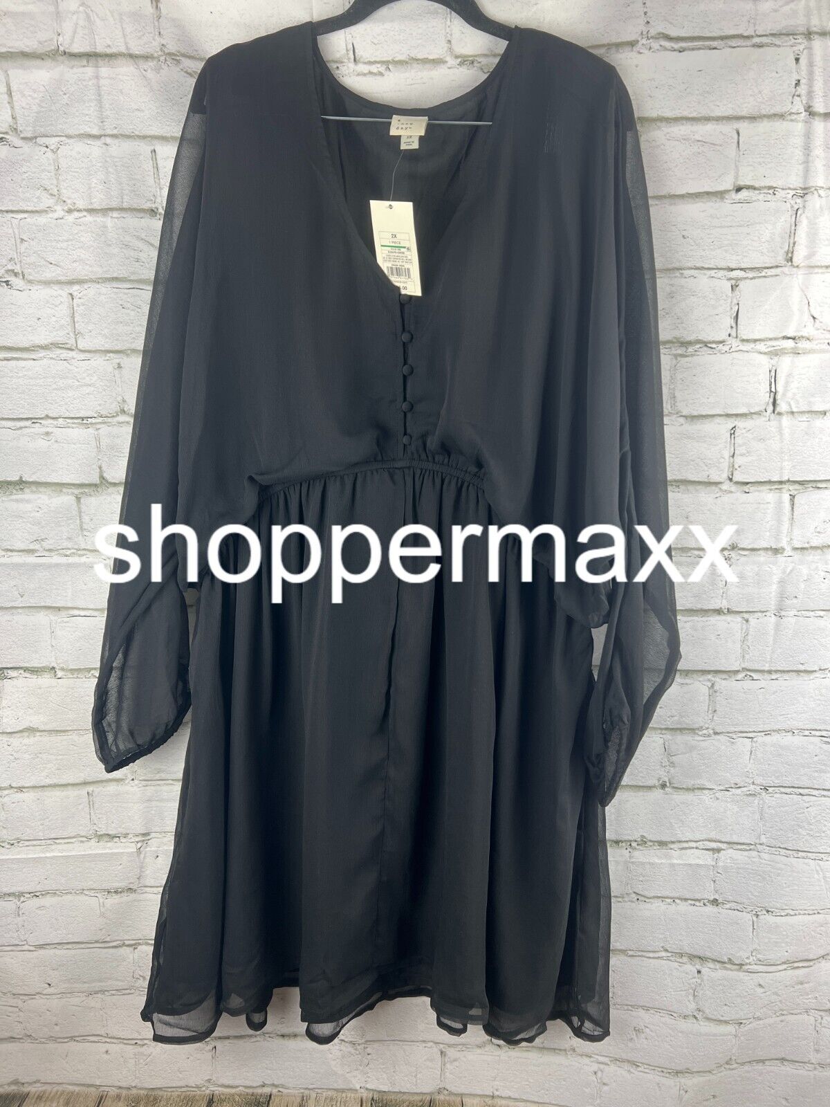 Women's Balloon Long Sleeve Mini Dress - A New Day, BLACK, 2X