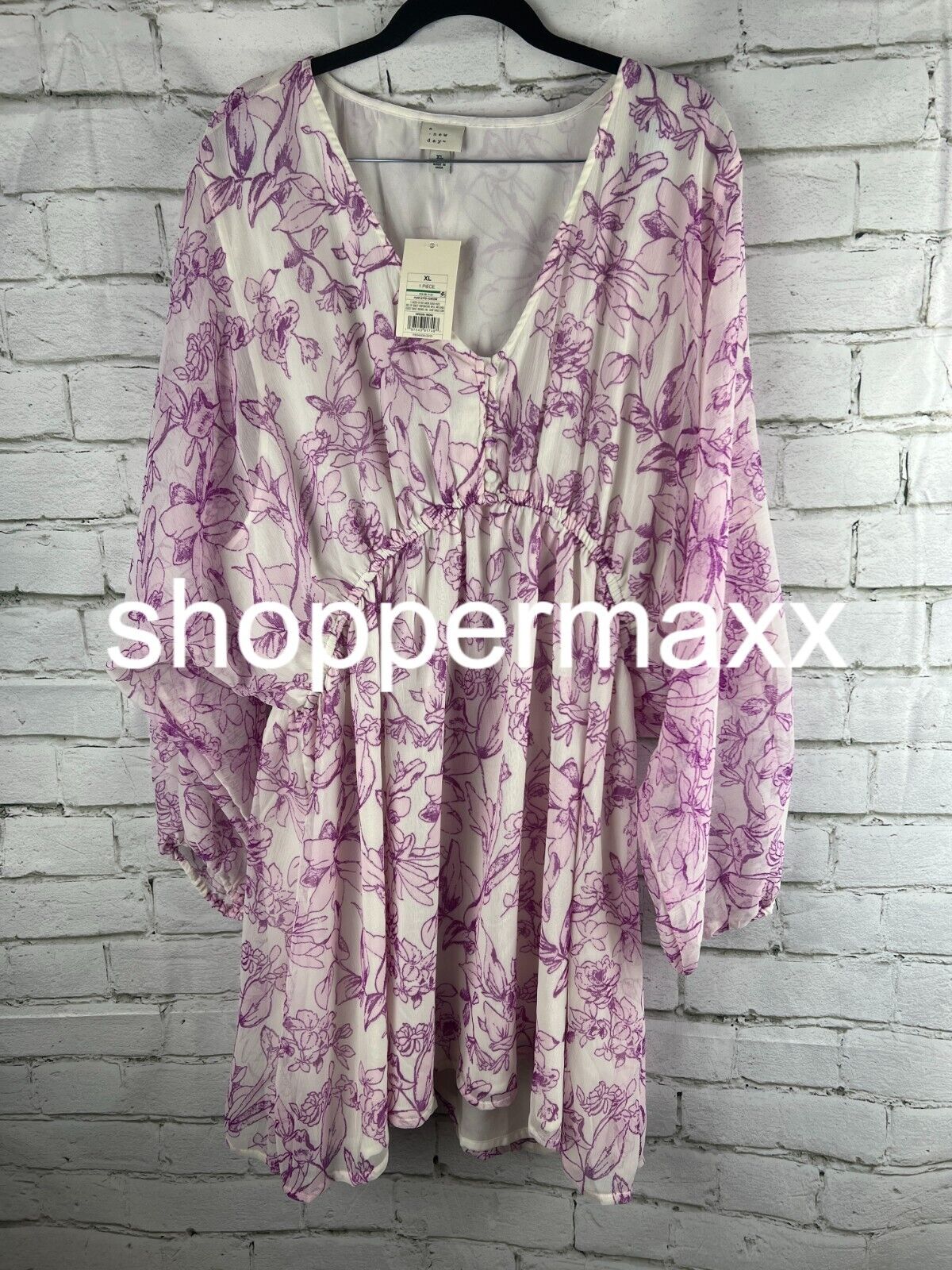 Women's Balloon Sleeve Mini Dress - A New Day, Cream/Purple Floral, XL
