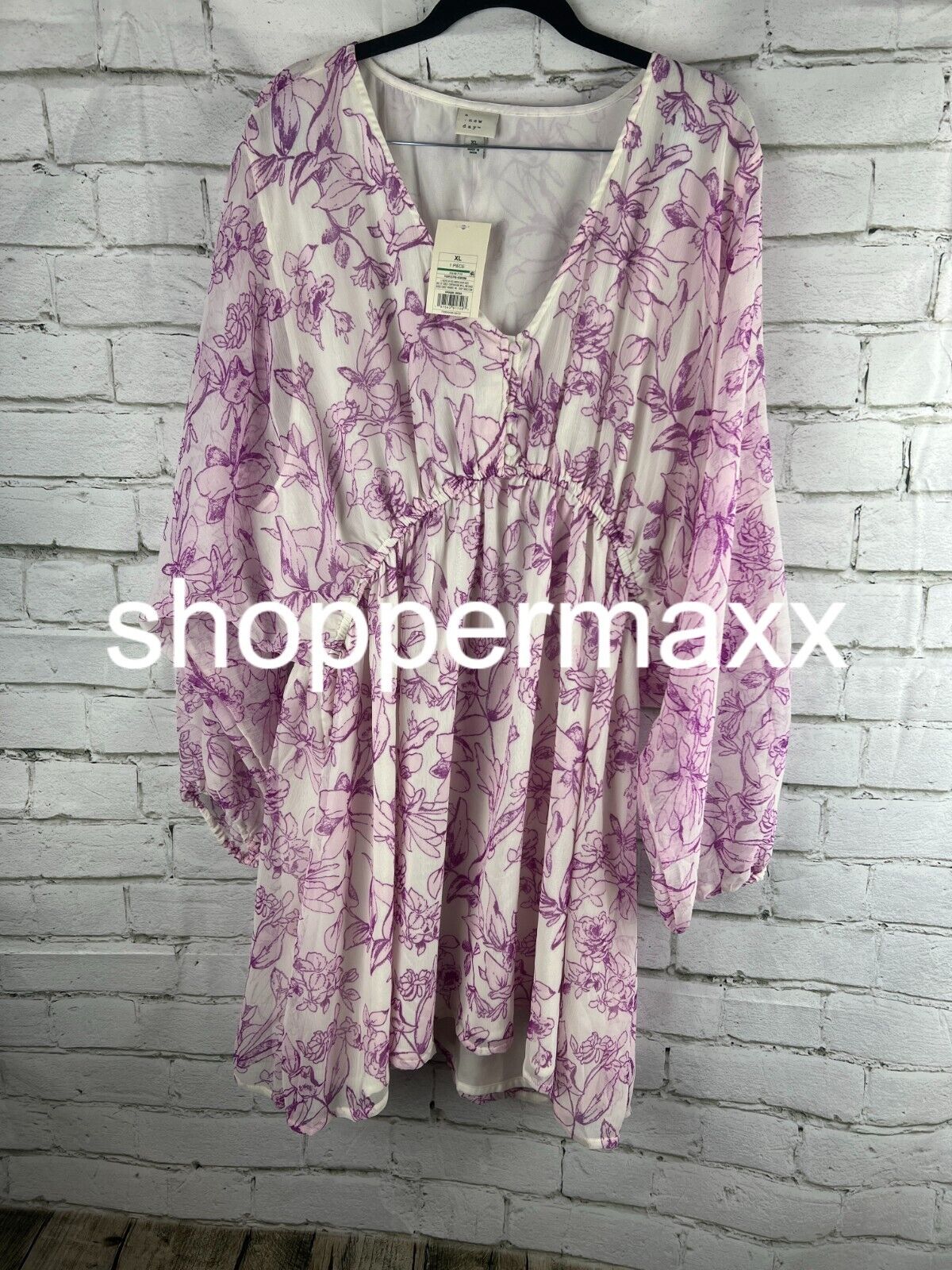 Women's Balloon Sleeve Mini Dress - A New Day, Cream/Purple Floral, XL
