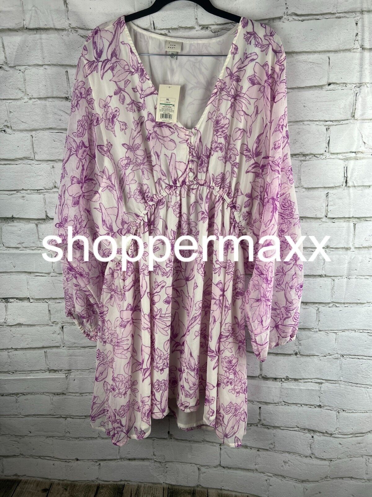 Women's Balloon Sleeve Mini Dress - A New Day, Cream/Purple Floral, XL